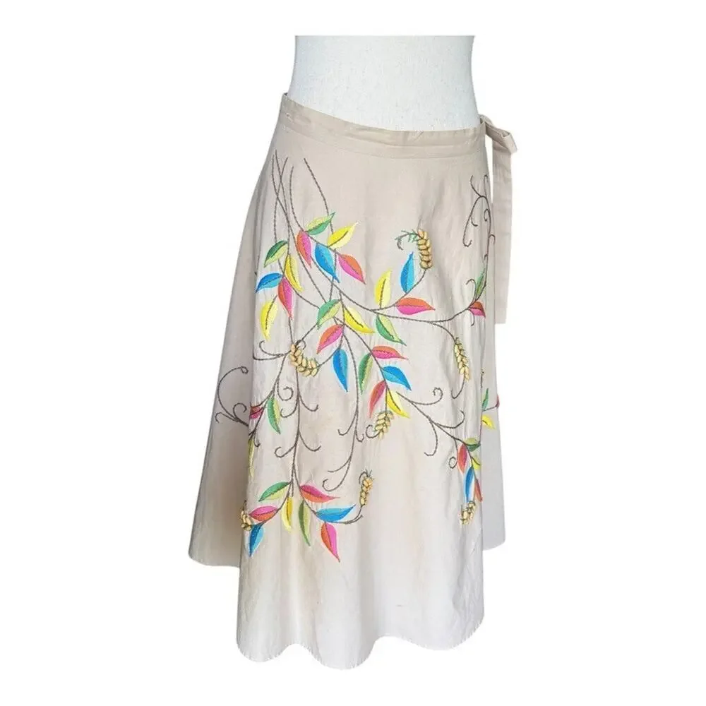 BCBGMAXAZRIA Floral Embroidered Flared A-Line Skirt Tan Neutral 100% Cotton L